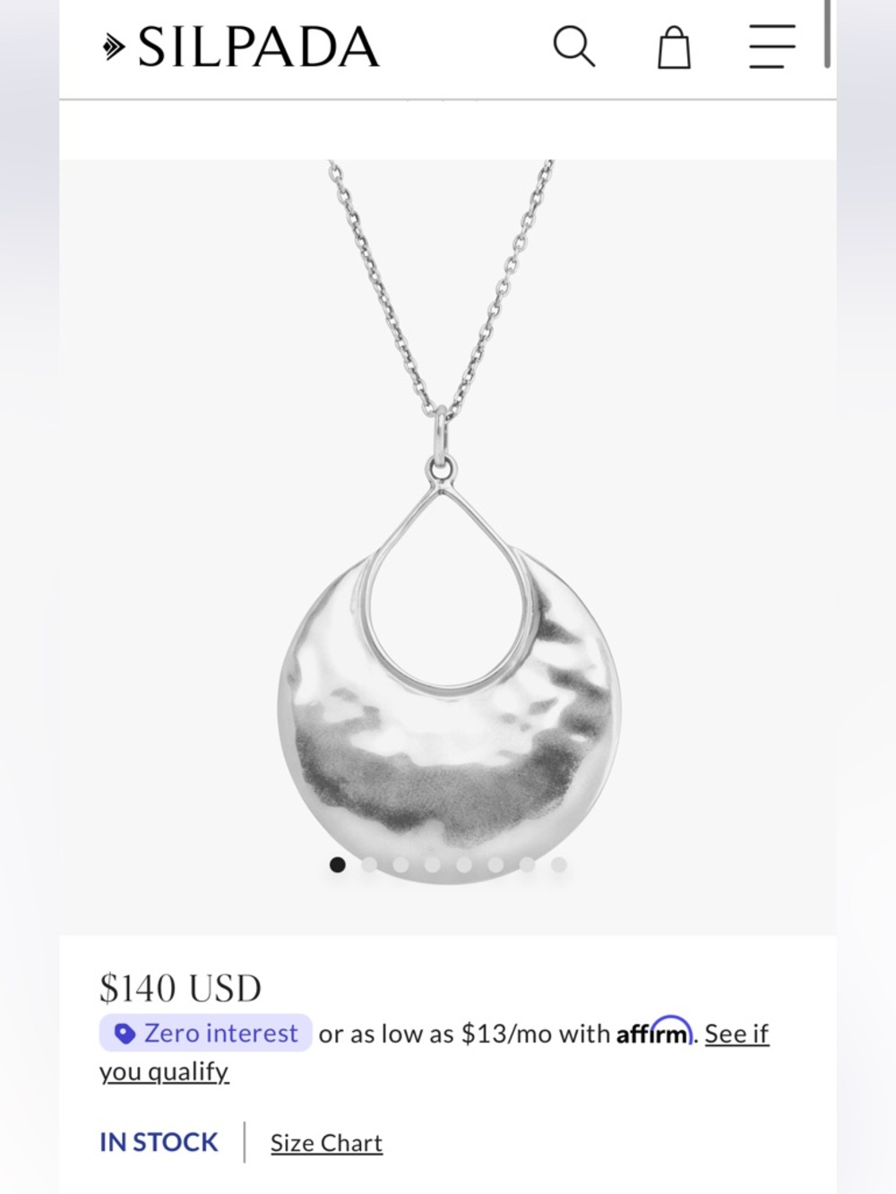 Silpada Drop Crescent Necklace Silver Hammered Disc Pendant
